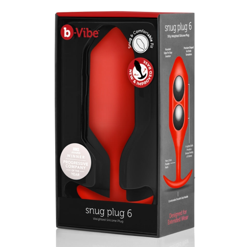 Red b-Vibe Snug Plug 6 weighted silicone anal plug in its packaging.