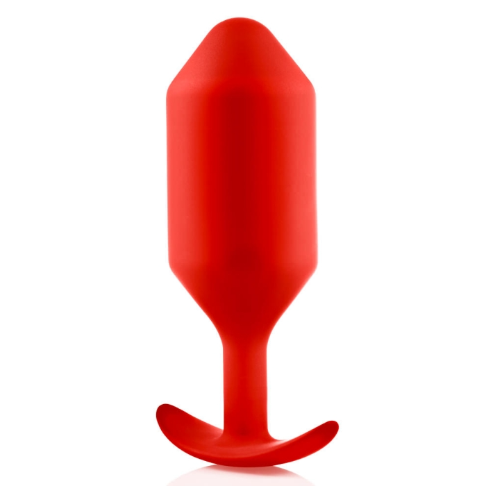 A red weighted silicone anal plug with a tapered tip and T-shaped base.