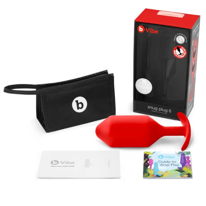Red b-Vibe Snug Plug 6 weighted silicone anal plug with storage pouch and guides.