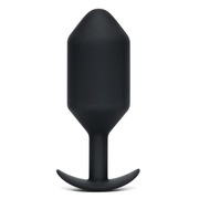 Black weighted silicone anal plug with a flared base.