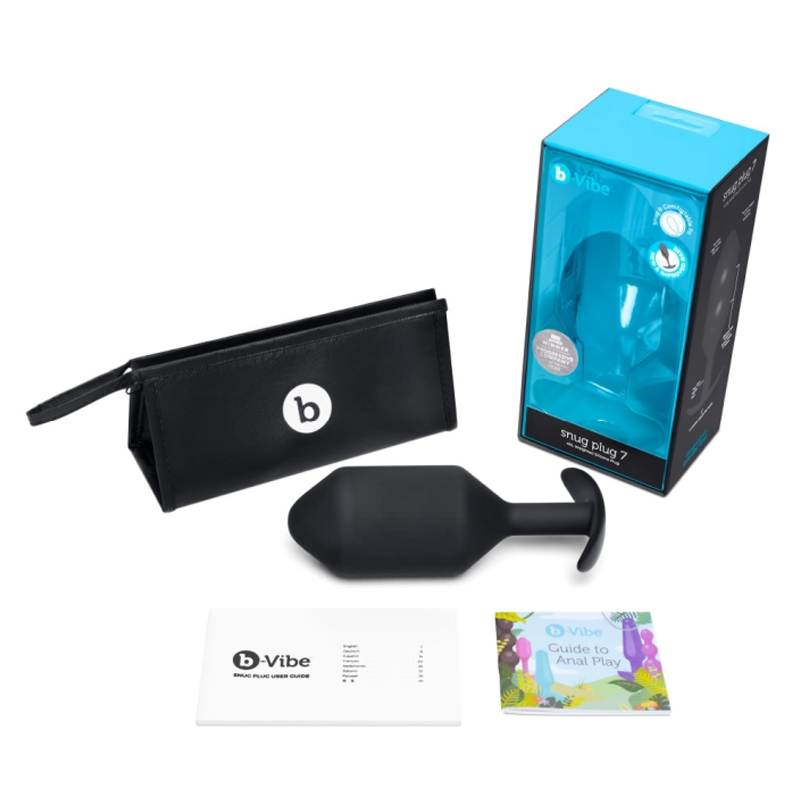 Black b-Vibe Snug Plug 7 weighted silicone anal plug with storage pouch and guides.