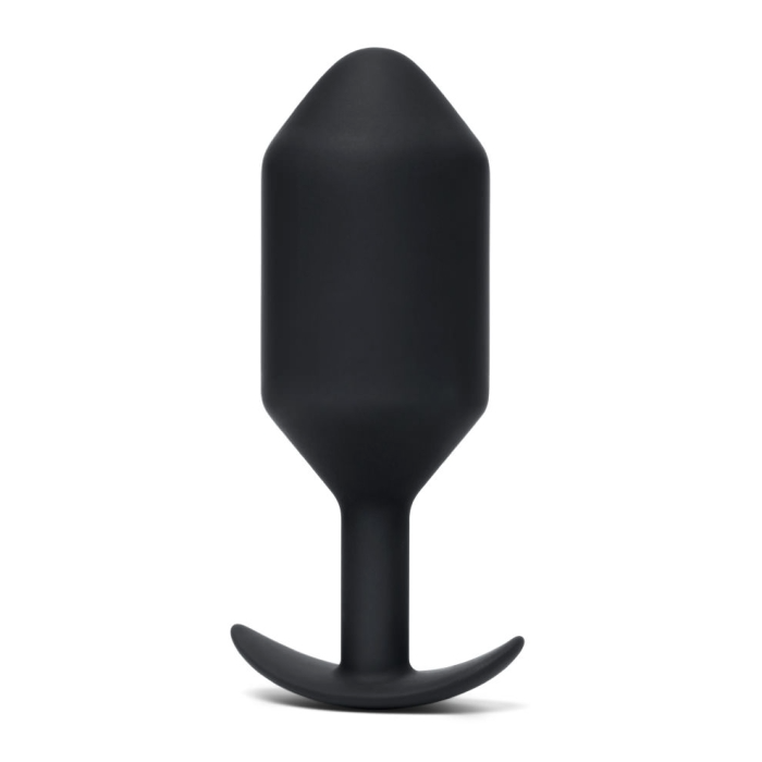 Black weighted silicone anal plug with a flared base.