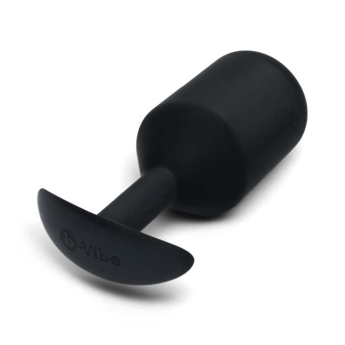 Black weighted silicone anal plug with a flared base.