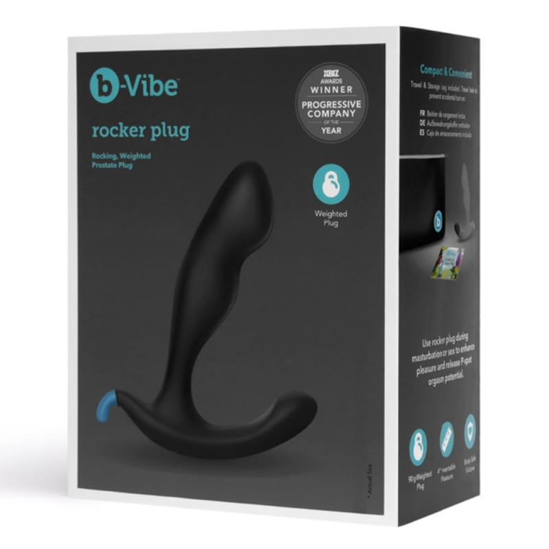 b-Vibe Rocker Plug, a black silicone prostate massager with a weighted base.