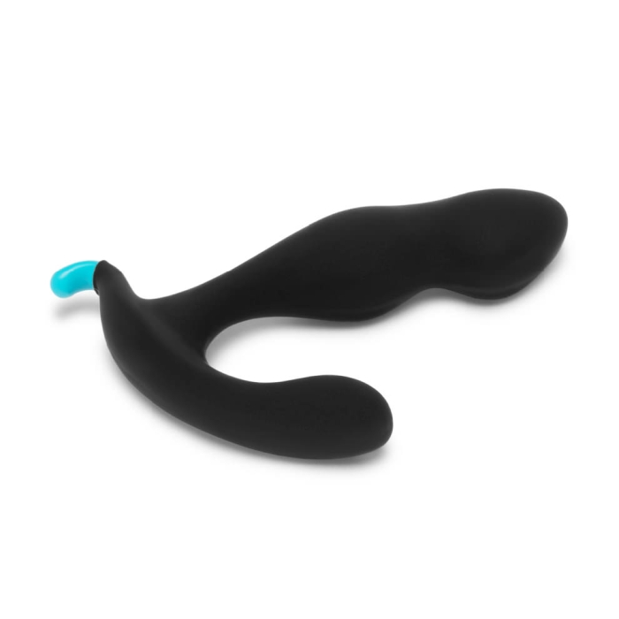 Black silicone prostate massager with a blue tip and curved design.