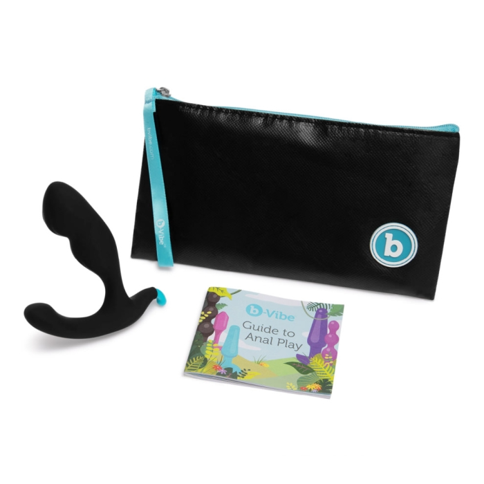 Black silicone prostate massager with a storage pouch and instruction booklet.