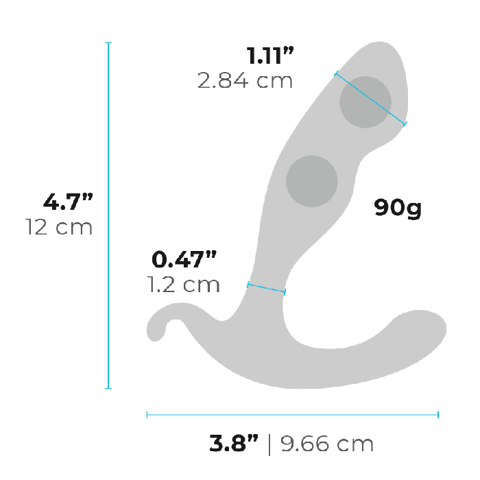 A grey silicone prostate massager with dimensions labeled in inches and centimeters.