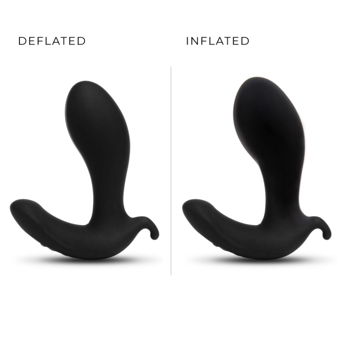 Black prostate vibrator shown deflated and inflated.