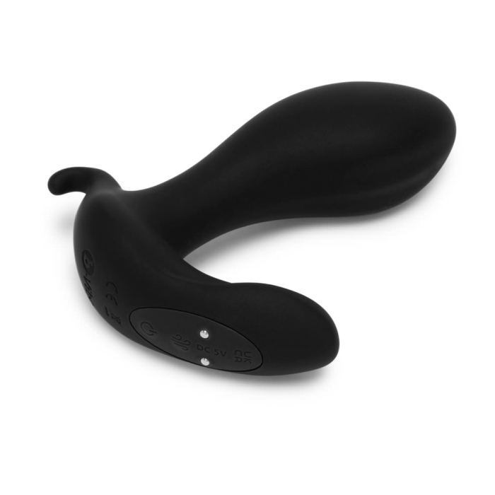 Black remote-controlled prostate vibrator with a curved shape.