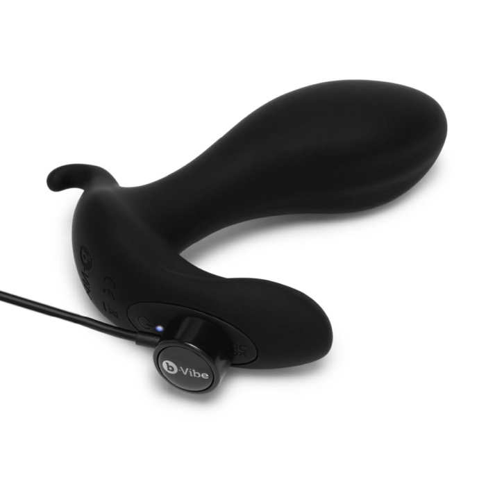 Black remote-controlled prostate vibrator with a curved shape and a charging port.