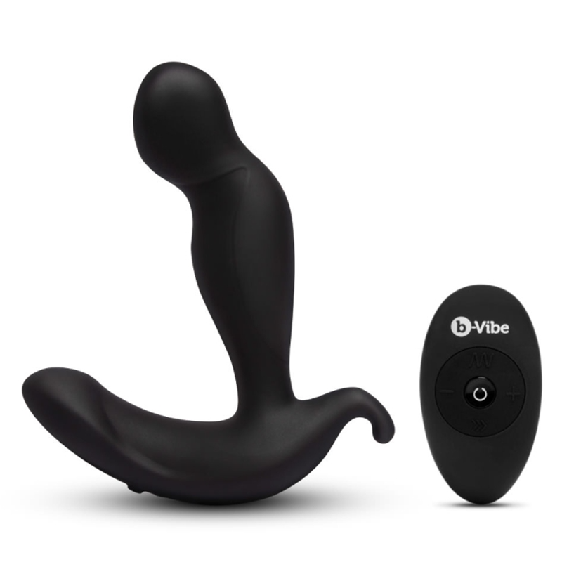 Black silicone prostate plug with a remote control.