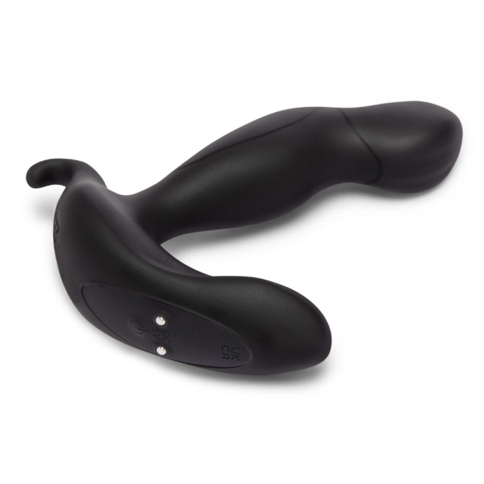 Black silicone rotating remote control prostate plug with two buttons.
