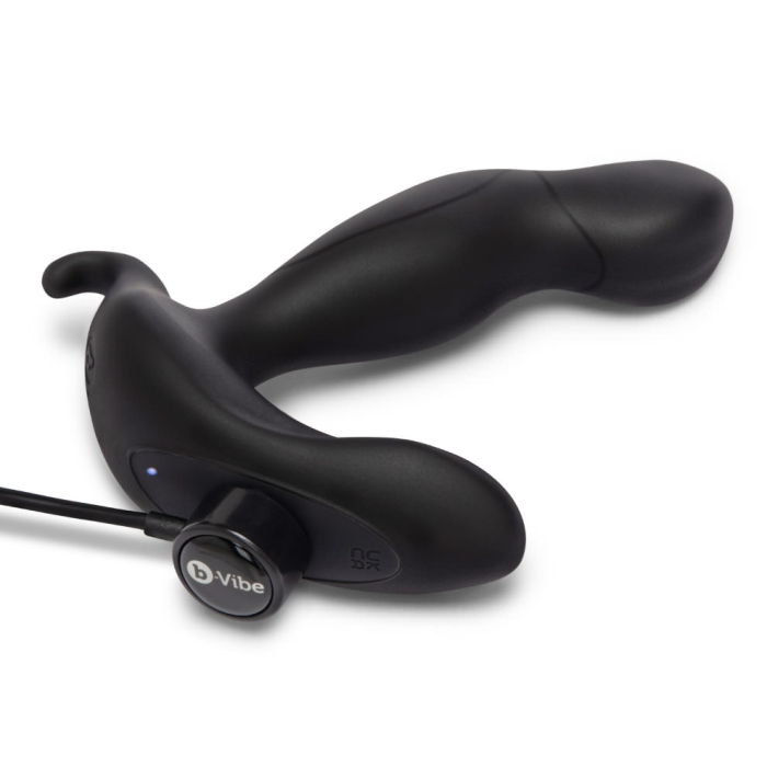 Black silicone rotating remote control prostate plug with b-Vibe logo.