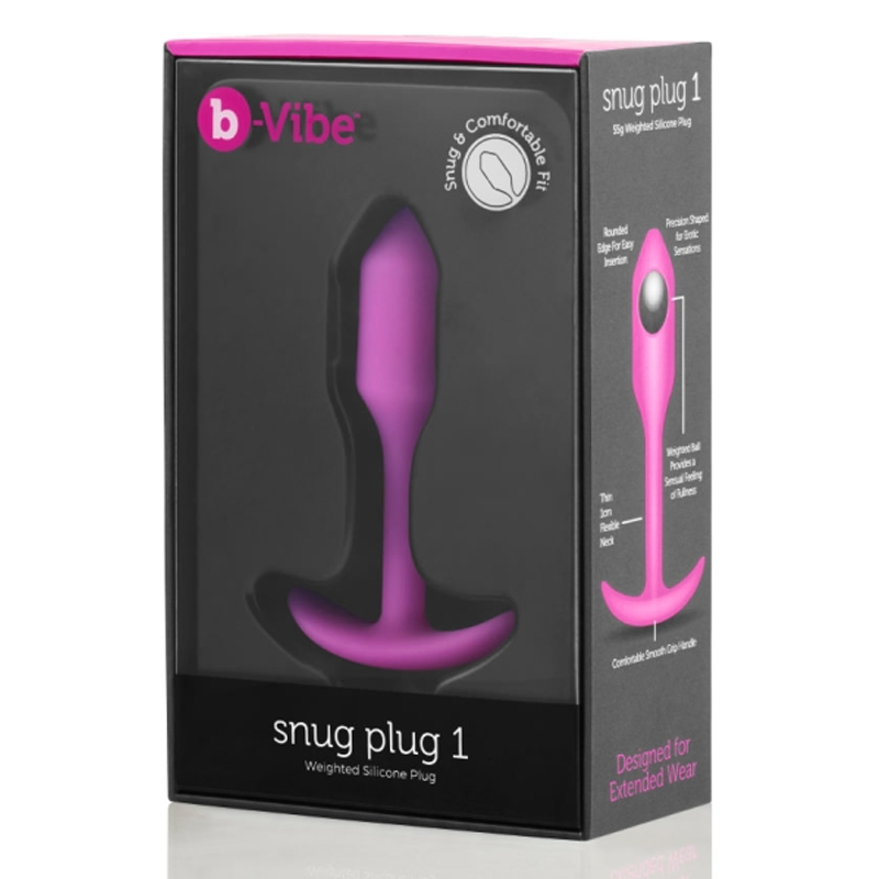 Fuchsia b-Vibe Snug Plug 1 weighted silicone anal plug in packaging.