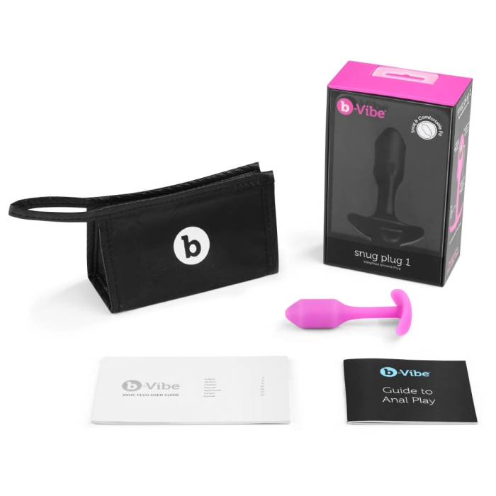 Fuchsia b-Vibe Snug Plug 1 weighted silicone anal plug with storage case and guides.