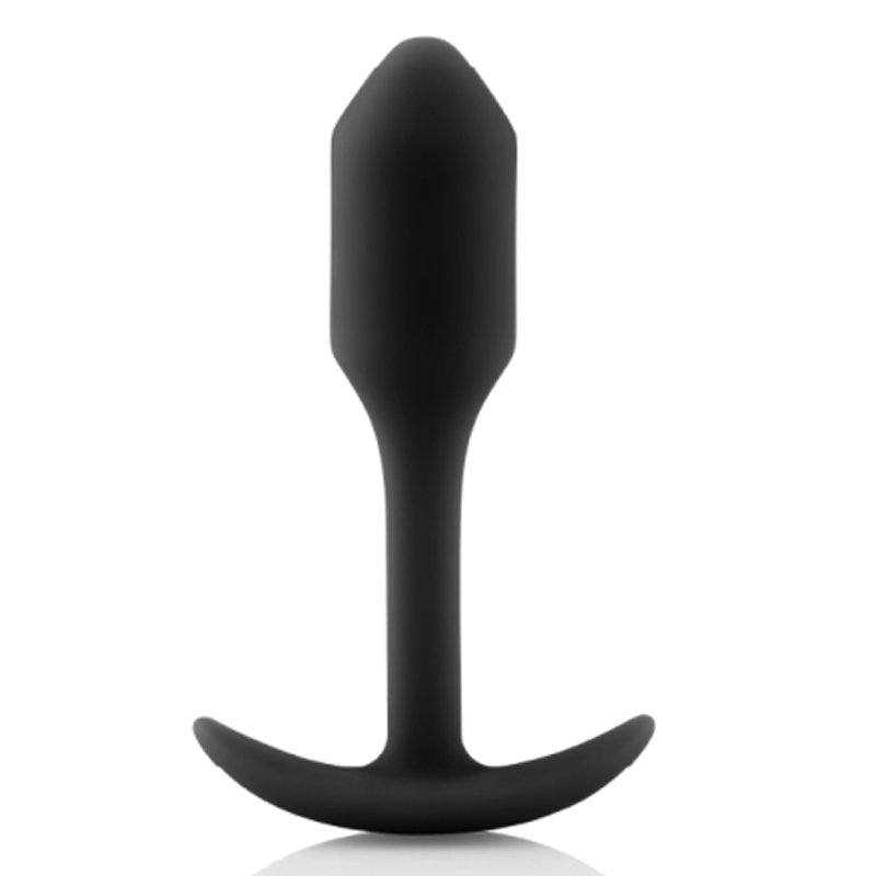 Black weighted silicone anal butt plug with a flared base.