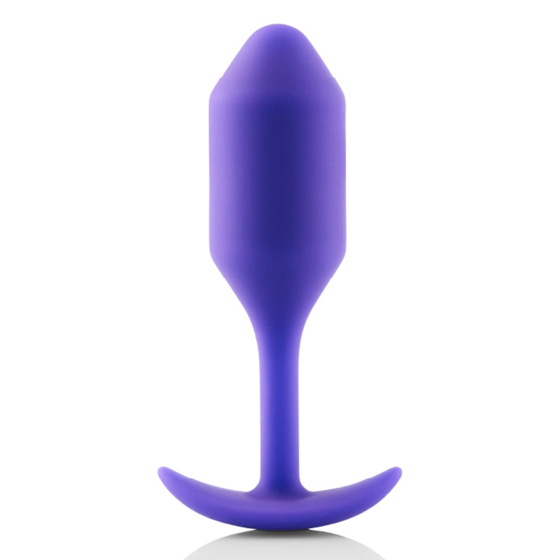 A purple silicone anal plug with a flared base.