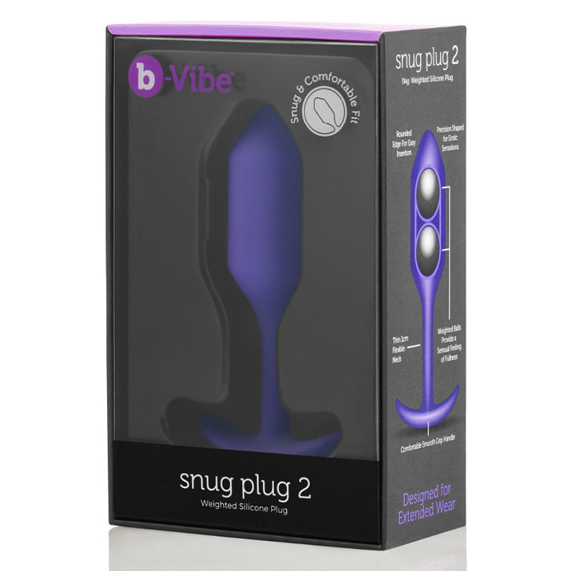 Purple b-Vibe Snug Plug 2 weighted silicone anal plug in packaging.