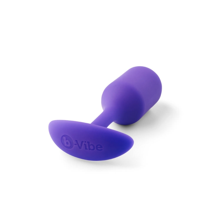 A purple silicone anal plug with a flared base and the b-Vibe logo.