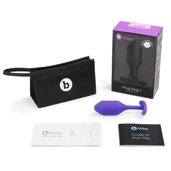 Purple b-Vibe Snug Plug 2 weighted silicone anal plug with storage bag and guides.
