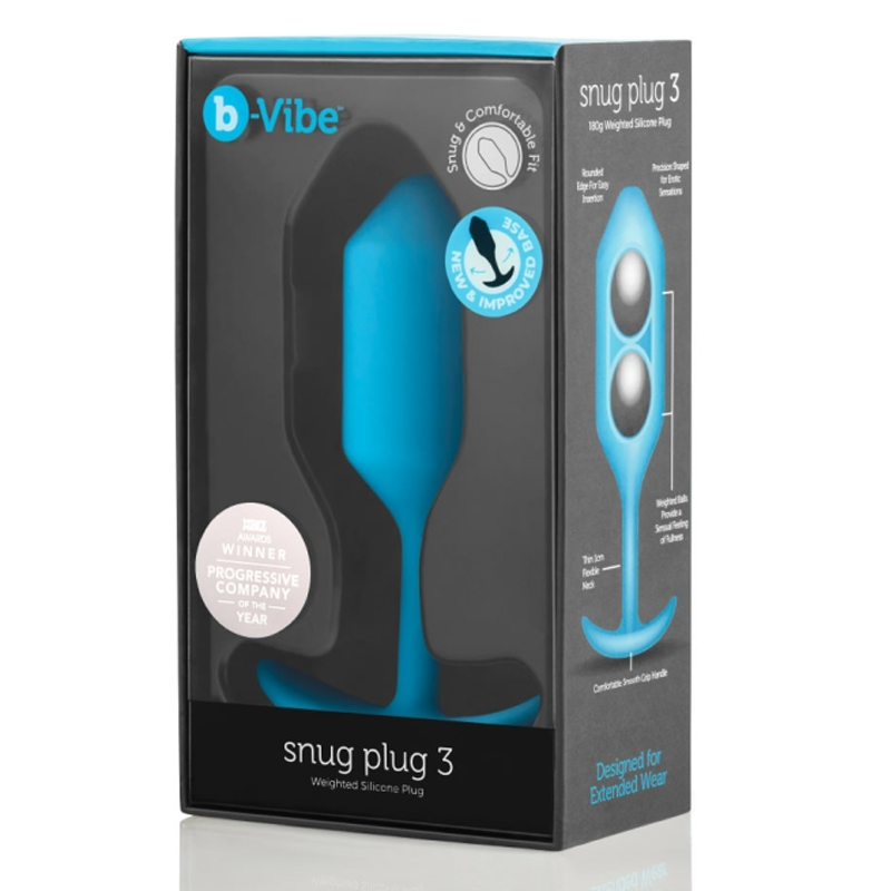 Teal b-Vibe Snug Plug 3 weighted silicone anal plug in packaging.