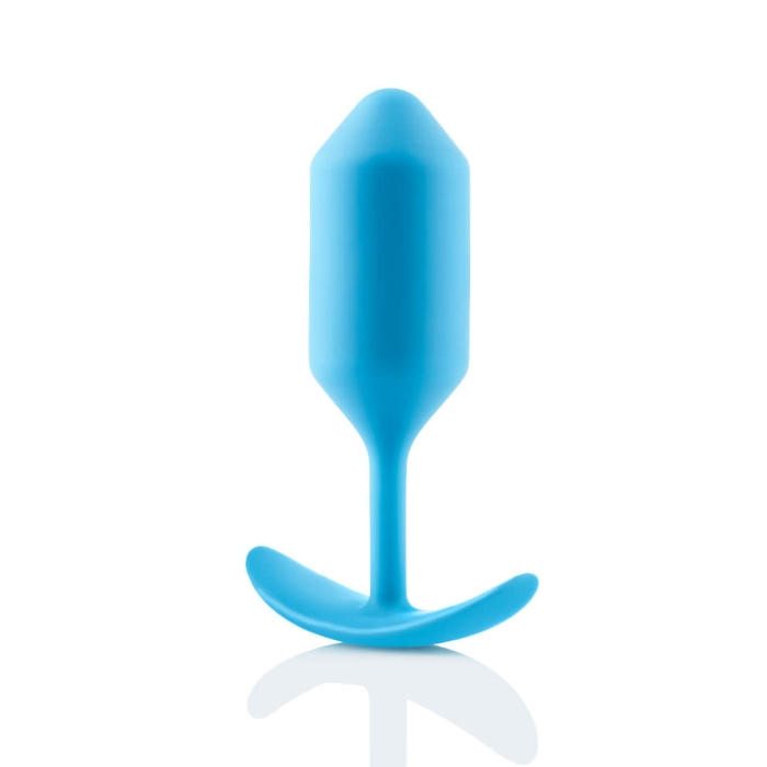 Teal weighted silicone anal plug with a curved base.