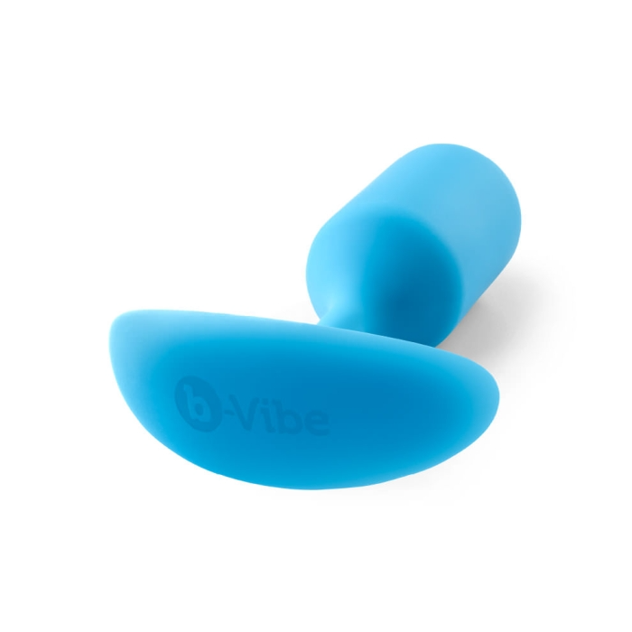 Teal weighted silicone anal plug with b-Vibe logo.
