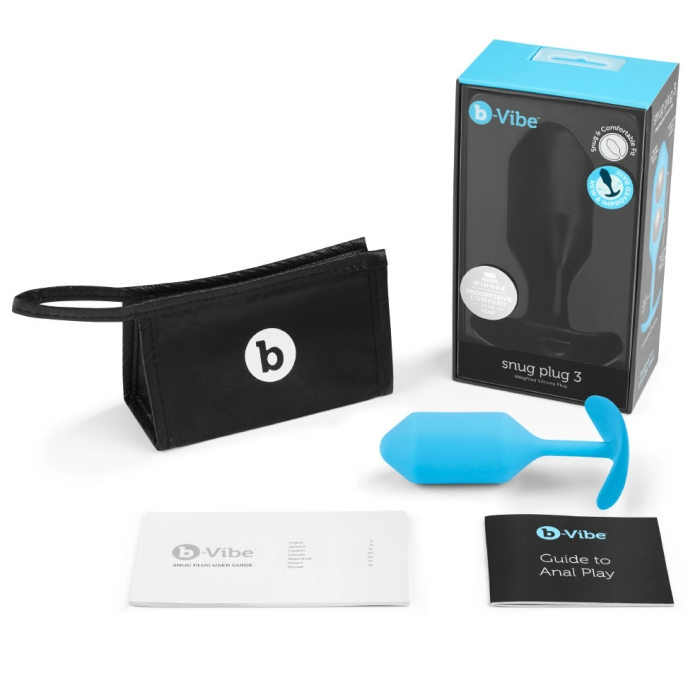 Teal b-Vibe Snug Plug 3 weighted silicone anal plug with storage pouch and guides.
