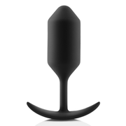 Black weighted silicone anal butt plug with a flared base.