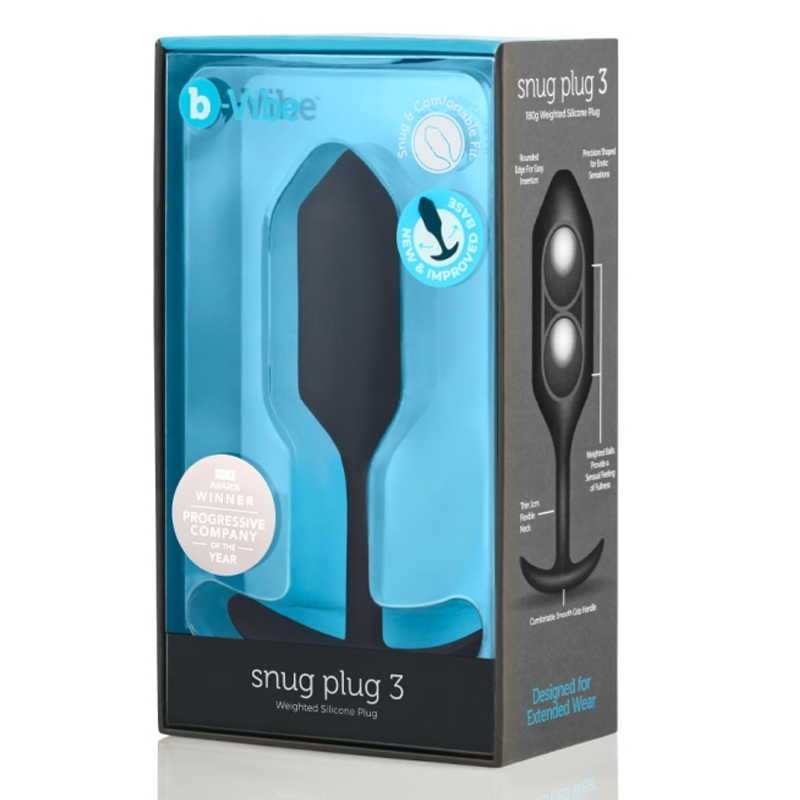 Black b-Vibe Snug Plug 3 weighted silicone anal plug in packaging.