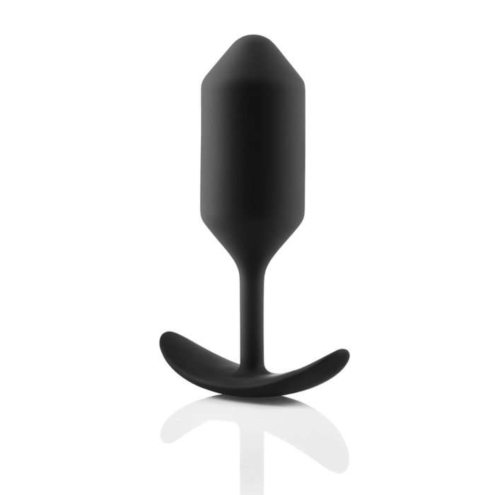 Black weighted silicone anal butt plug with a flared base.