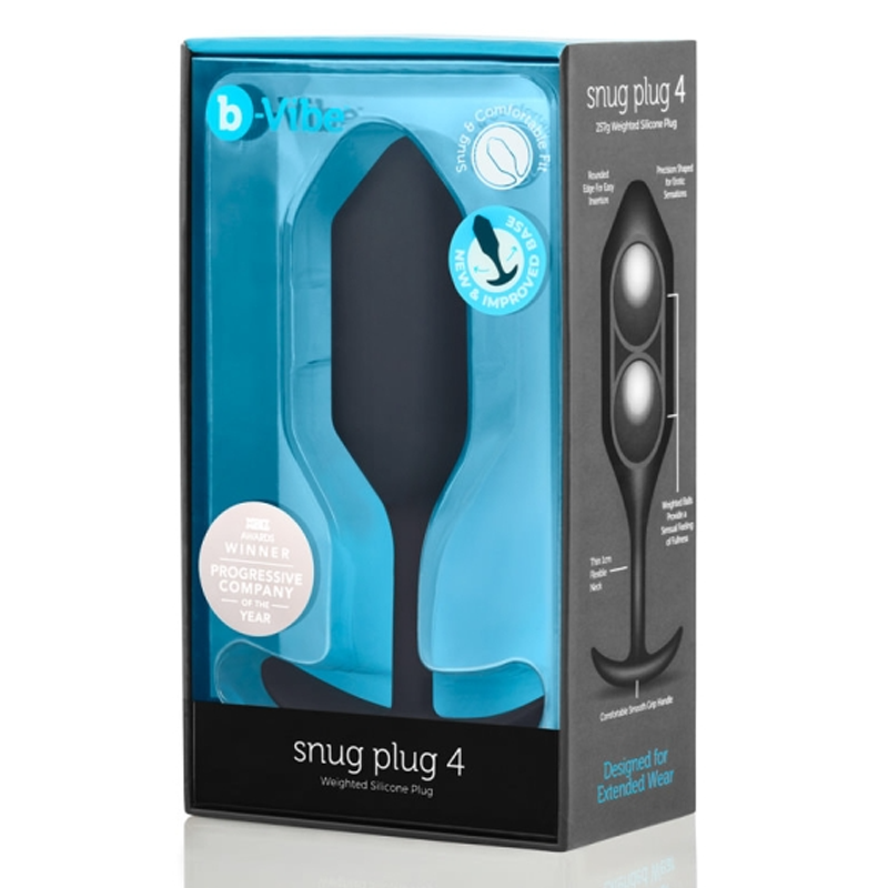 Black b-Vibe Snug Plug 4 weighted silicone anal plug in packaging.