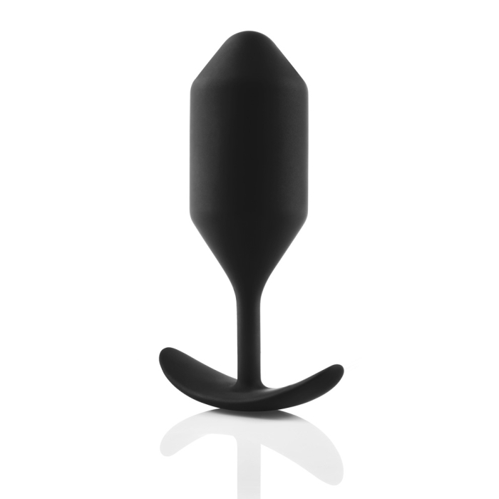 Black weighted silicone anal plug with a flared base.