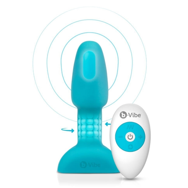 Teal vibrating anal plug with a remote control.