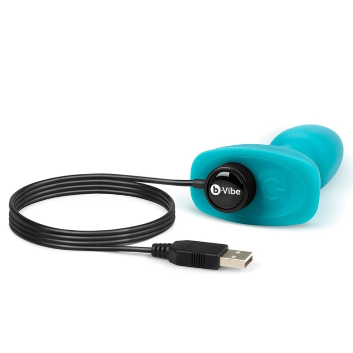 Teal b-Vibe Petite anal plug with USB charging cable.