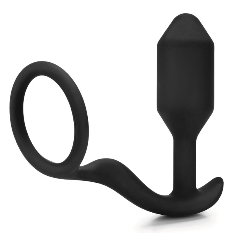 Black silicone weighted anal plug with a cock ring.
