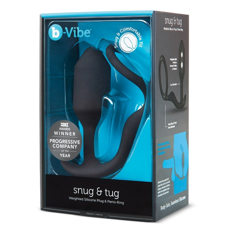 Black silicone snug & tug weighted anal plug and penis ring in packaging.
