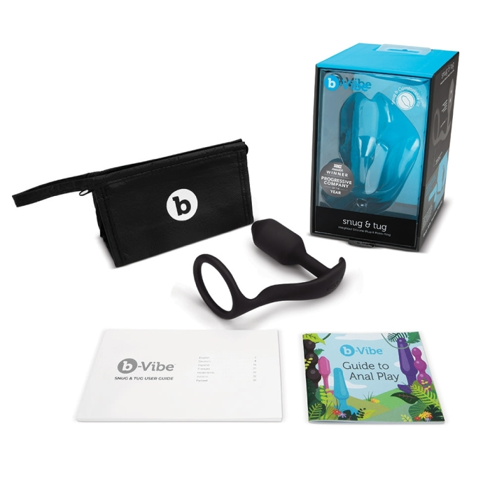 Black silicone snug & tug weighted anal plug and cock ring with accessories.