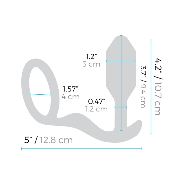 Black silicone weighted anal plug and cock ring with dimensions.