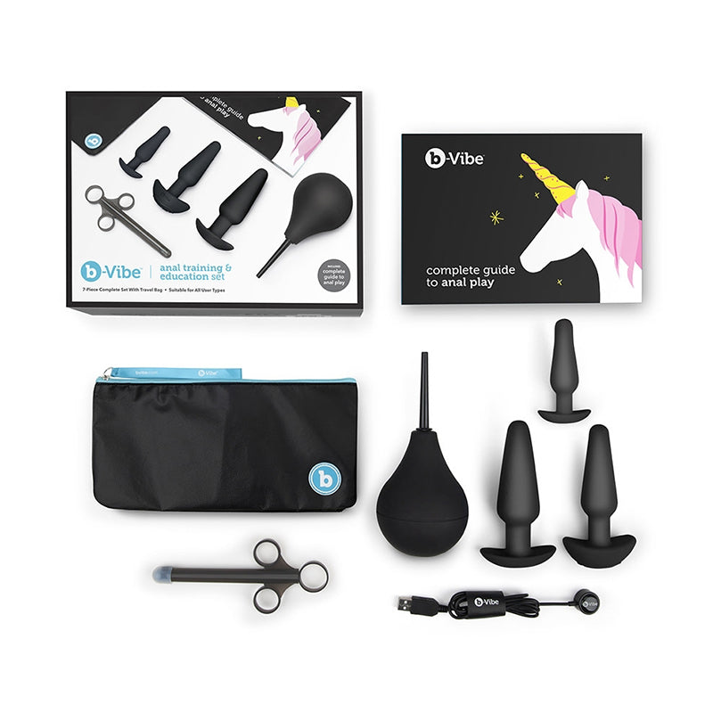 A b-Vibe anal training kit with silicone butt plugs, enema, and guide.
