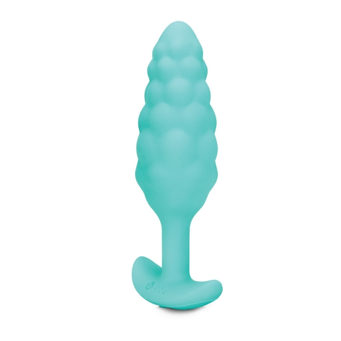 A teal vibrating anal plug with a bumpy texture and a flared base.