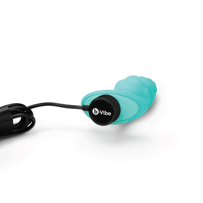 A teal silicone vibrating anal plug with a bumpy texture and a black control button.
