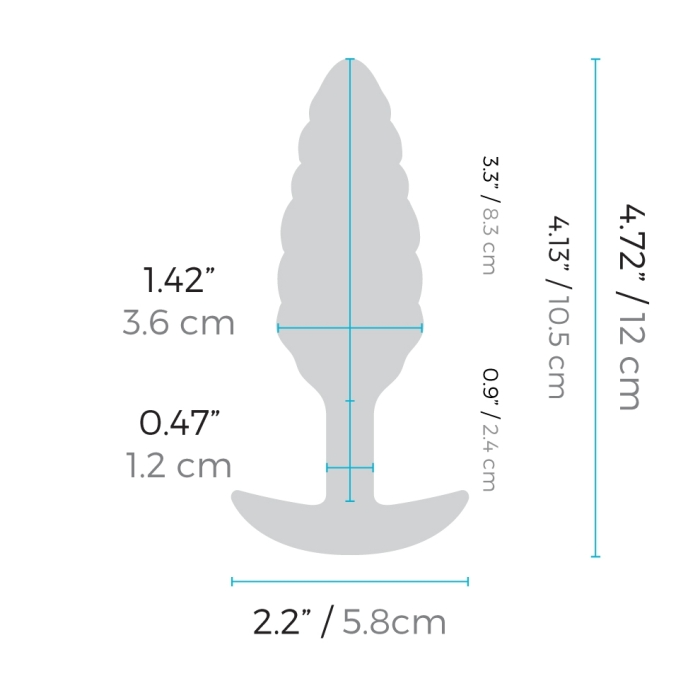 Textured vibrating anal plug with dimensions labeled.