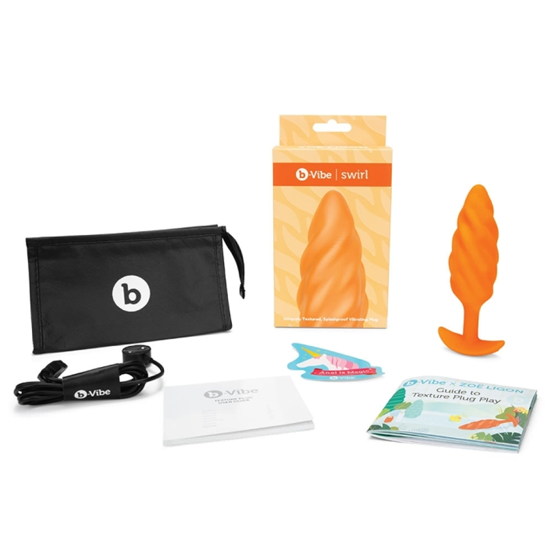 Orange silicone swirl textured vibrating anal plug with accessories.