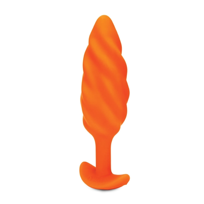 Orange silicone anal plug with a swirl texture and flared base.