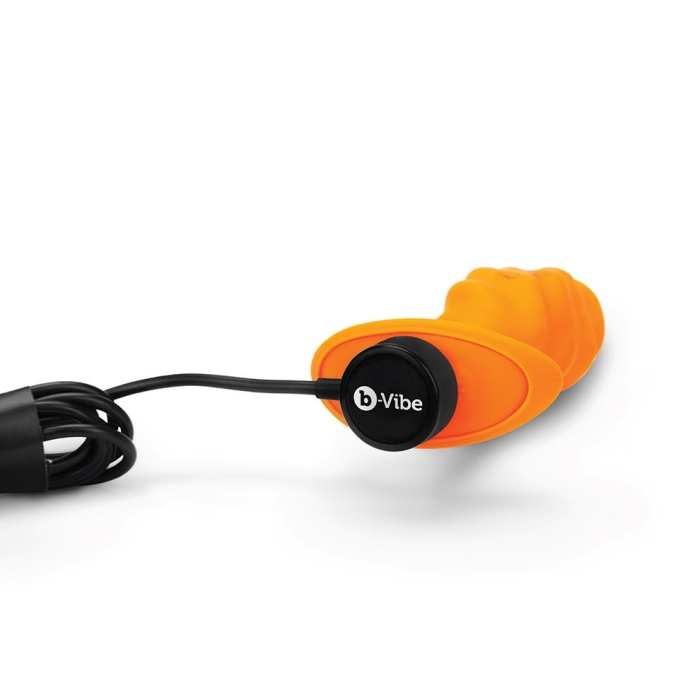 Orange silicone vibrating anal plug with a swirl texture and b-Vibe logo.