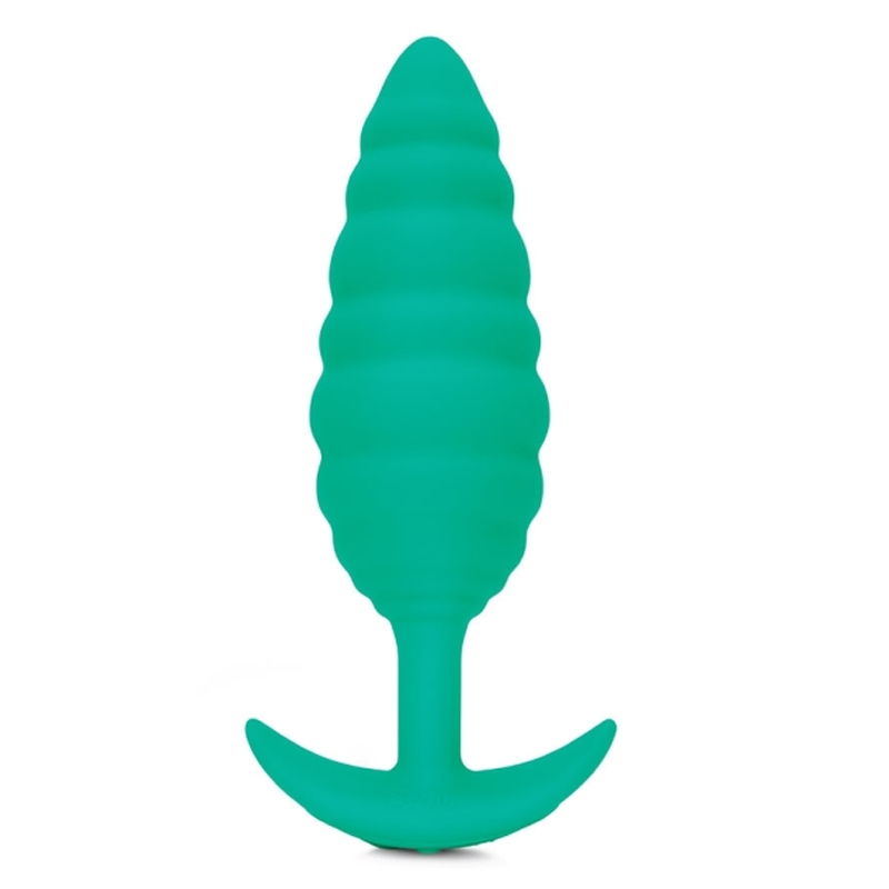 A green silicone anal plug with a ribbed texture and a flared base.