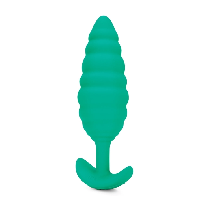 Green silicone anal plug with a ribbed texture and flared base.