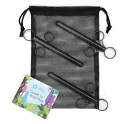 Three black lube applicators with a mesh bag and a guide to anal play.