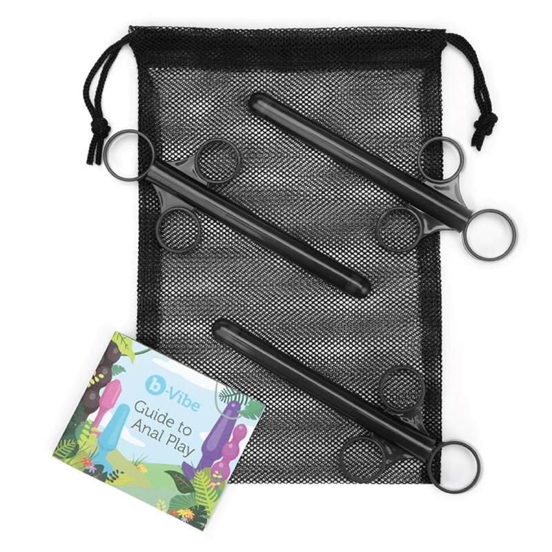 Three black lube applicators with a mesh bag and a guide to anal play.